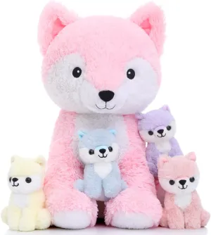 Muiteiur 5 Piece Fox Stuffed Animal Set, Soft Mommy Fox Plush Toy with 4 Cute Babies, Stuffed Animal for Girls and Boys, Gift for Kids, Pink 20inch