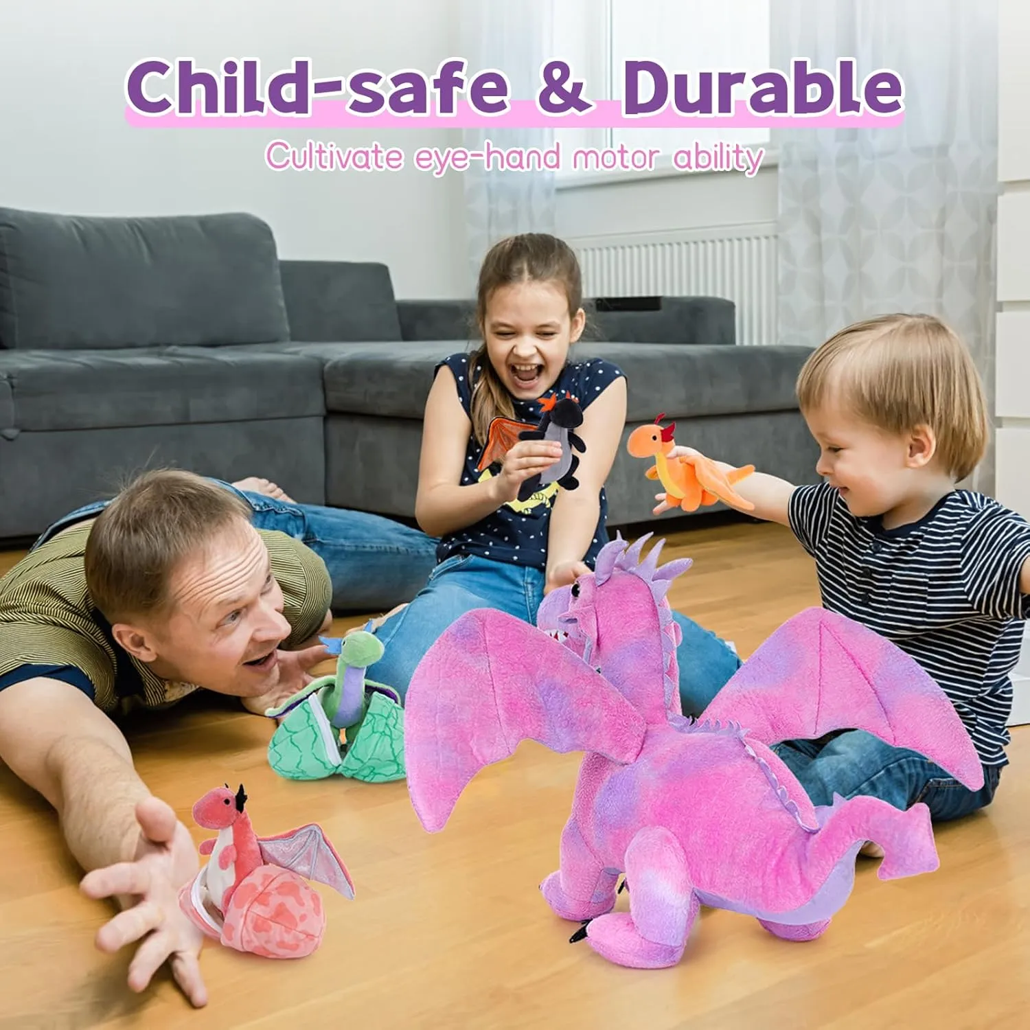 Muiteiur 7 Piece Dragon Stuffed Animals, 21.6 inch Soft Plush Pink Dragon with 4 Baby Toys and 2 Eggs, Gift for Kids Boys Girls