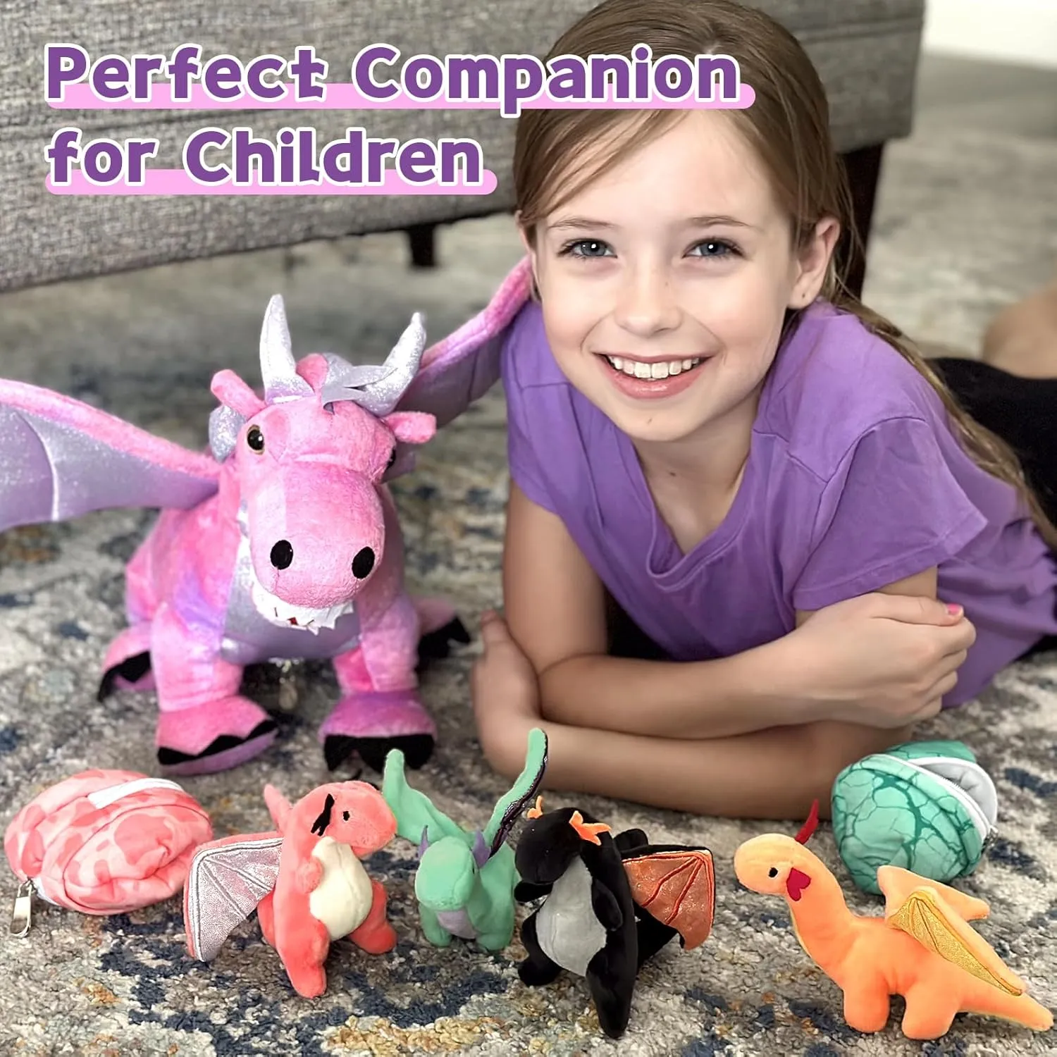 Muiteiur 7 Piece Dragon Stuffed Animals, 21.6 inch Soft Plush Pink Dragon with 4 Baby Toys and 2 Eggs, Gift for Kids Boys Girls