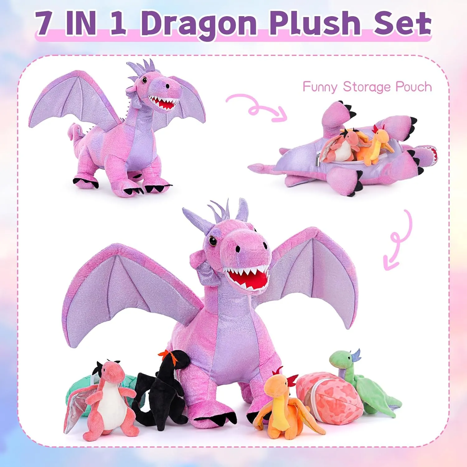Muiteiur 7 Piece Dragon Stuffed Animals, 21.6 inch Soft Plush Pink Dragon with 4 Baby Toys and 2 Eggs, Gift for Kids Boys Girls