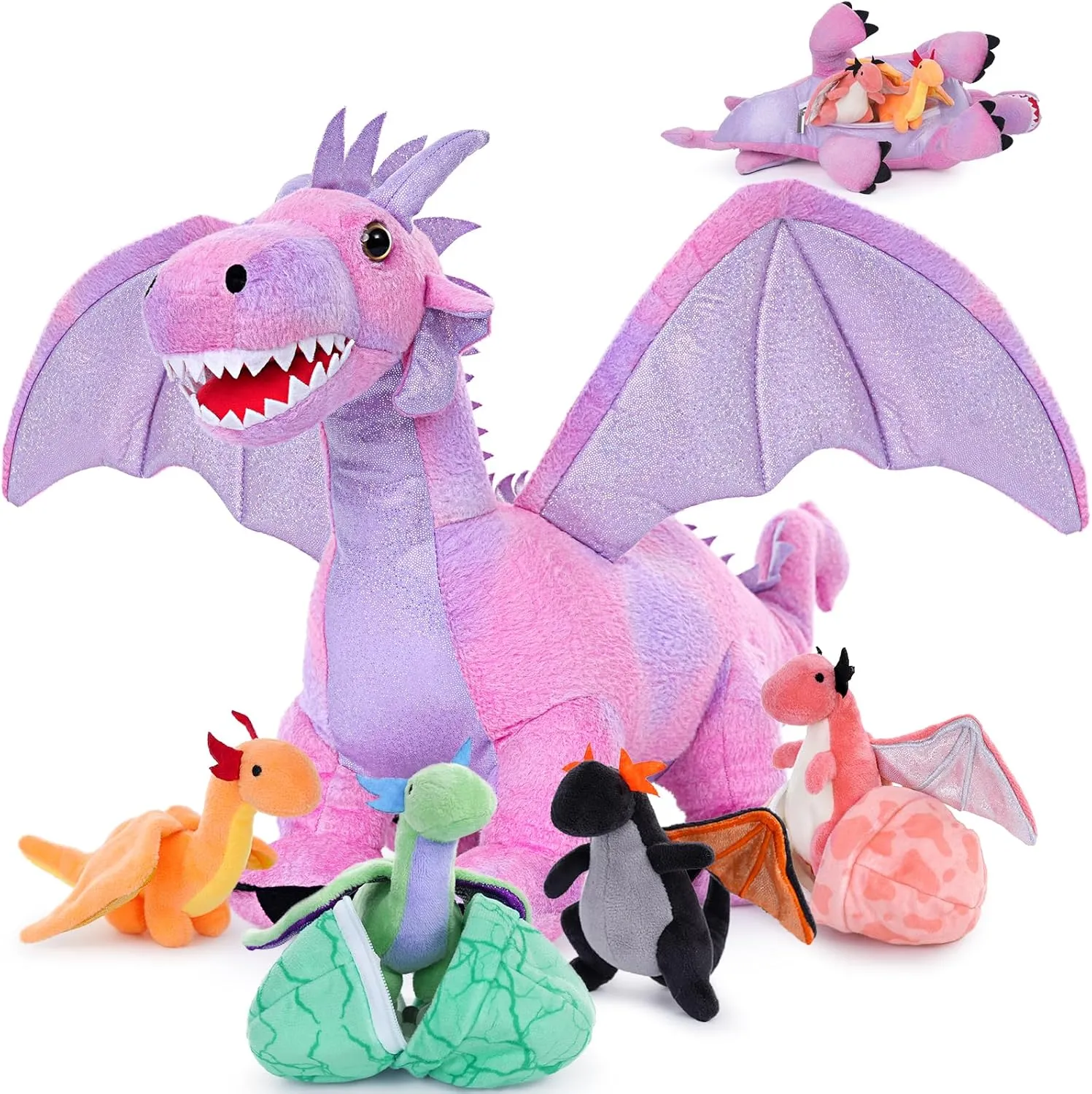 Muiteiur 7 Piece Dragon Stuffed Animals, 21.6 inch Soft Plush Pink Dragon with 4 Baby Toys and 2 Eggs, Gift for Kids Boys Girls