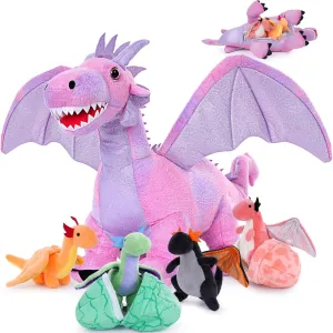 Muiteiur 7 Piece Dragon Stuffed Animals, 21.6 inch Soft Plush Pink Dragon with 4 Baby Toys and 2 Eggs, Gift for Kids Boys Girls