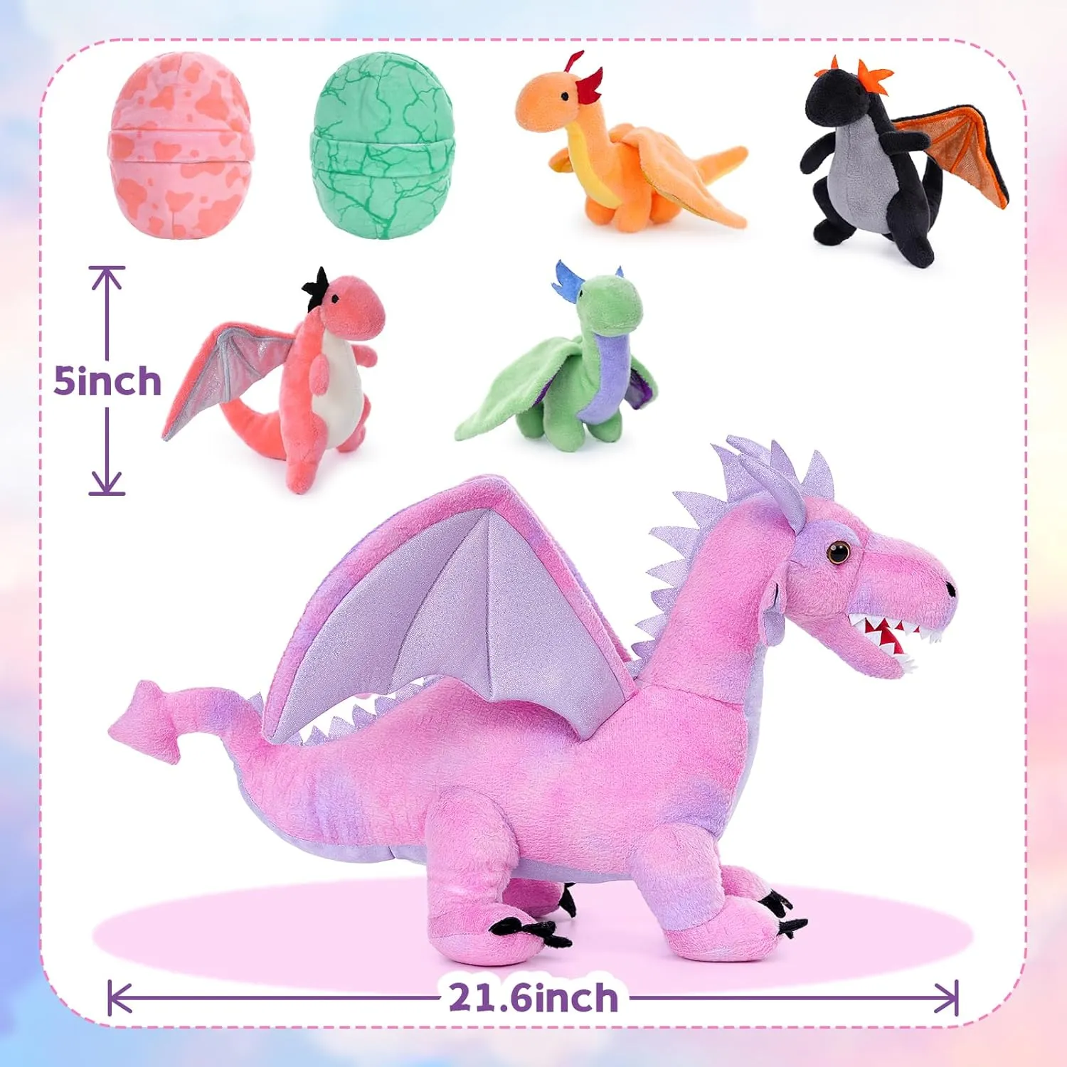 Muiteiur 7 Piece Dragon Stuffed Animals, 21.6 inch Soft Plush Pink Dragon with 4 Baby Toys and 2 Eggs, Gift for Kids Boys Girls
