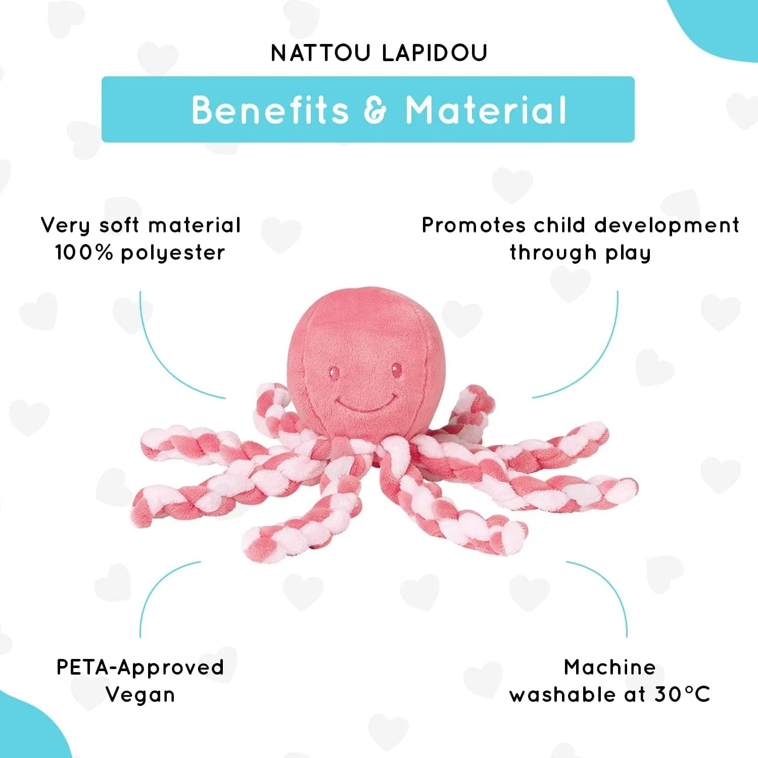 Nattou Octopus Soft Toy, for Newborns and Premature Babies, 23 cm, Pink, 878715