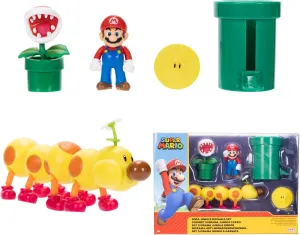 Nintendo Super Mario Soda Jungle Diorama Includes 3 Figures and 2 Accessories: 2.5-Inch Mario, Wiggler, Piranha Plant, Warp Pipe, Coin. Ages 3  (Officially Licensed)