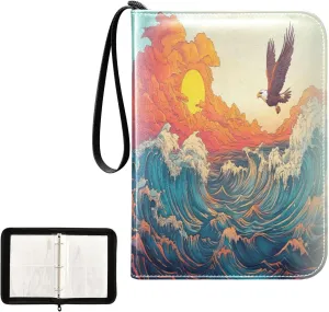 Ocean Waves Eagle Sun Painting Card Binder 4 Pocket, Trading Card Holder Fits 400 Game Cards with 50 Removable Sleeves, MTG Card Case Standard Size