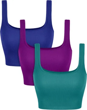 ODODOS 3-Pack Seamless Square Neck Crop Tank for Women Ribbed Knit Soft Low Back Cropped Tops