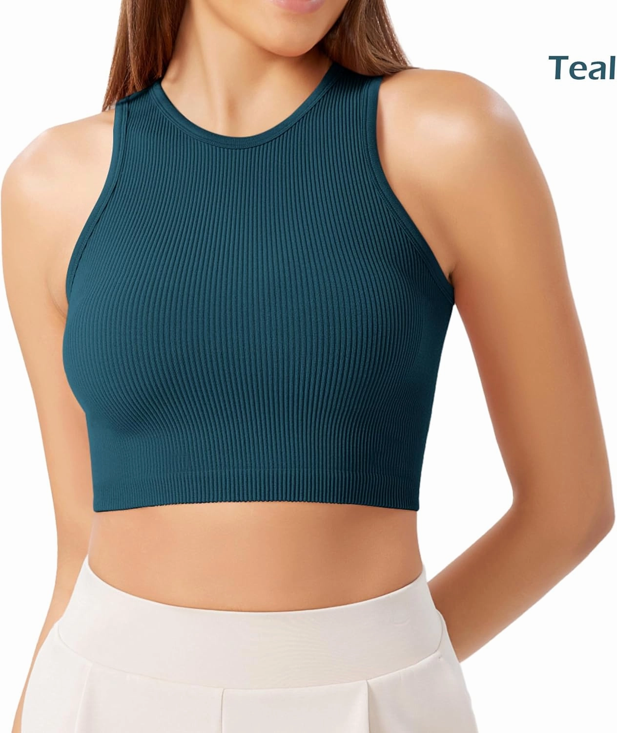 ODODOS 3-Pack Seamless Crop Tank for Women Ribbed Soft High Neck Cropped Tops