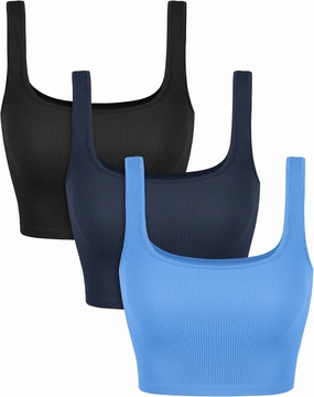 ODODOS 3-Pack Seamless Square Neck Crop Tank for Women Ribbed Knit Soft Low Back Cropped Tops
