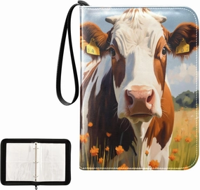 Oil Painting Brown Cow Card Binder 4 Pocket, Trading Card Holder Fits 400 Game Cards with 50 Removable Sleeves, MTG Card Case Standard Size