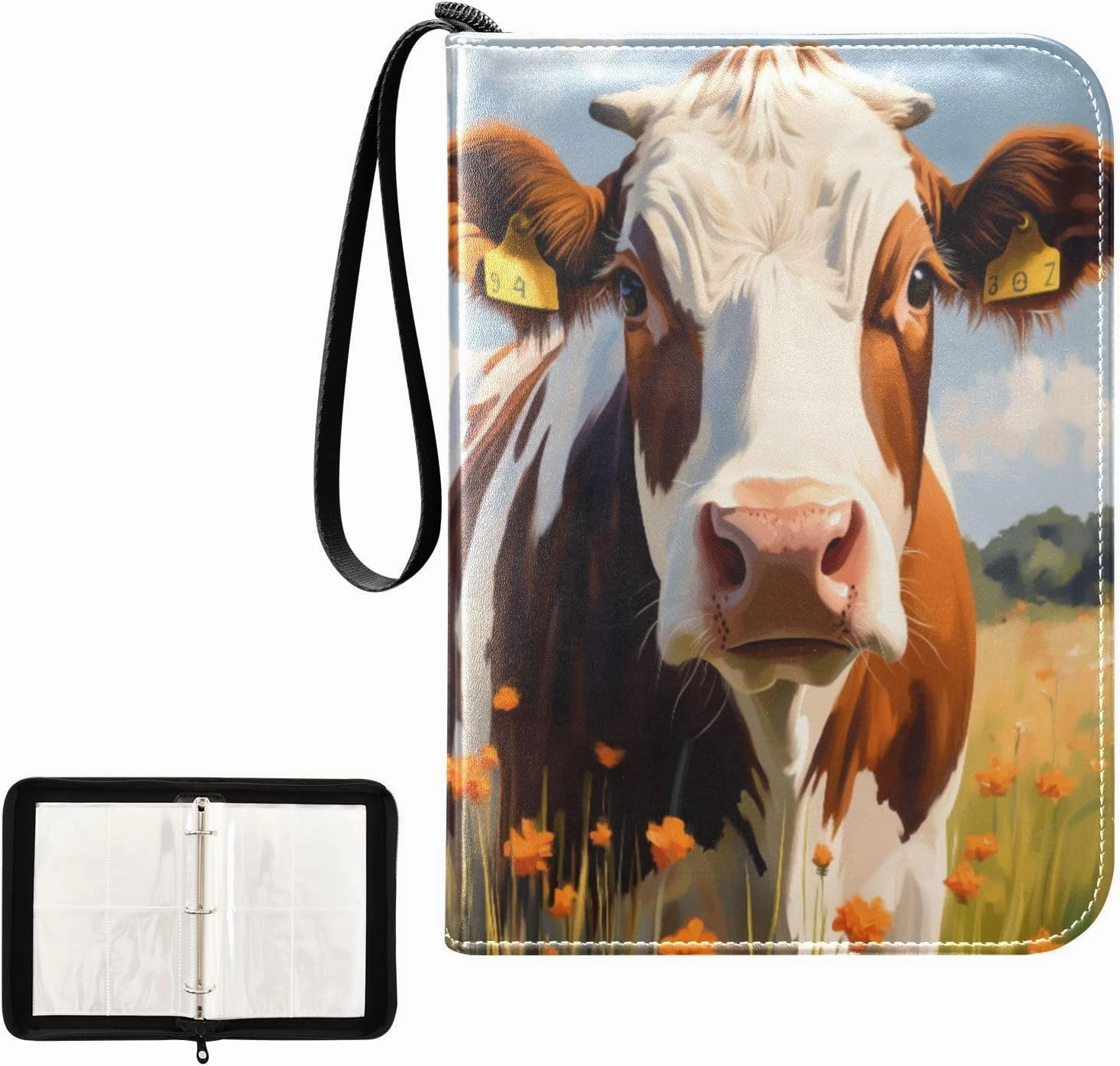 Oil Painting Brown Cow Card Binder 4 Pocket, Trading Card Holder Fits 400 Game Cards with 50 Removable Sleeves, MTG Card Case Standard Size