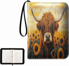 Oil Painting Highland Cow Sunflowers Card Binder 4 Pocket, Trading Card Holder Fits 400 Game Cards with 50 Removable Sleeves, MTG Card Case Standard Size