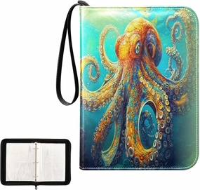 Orange Painting Octopus Green Ocean Card Binder 4 Pocket, Trading Card Holder Fits 400 Game Cards with 50 Removable Sleeves, MTG Card Case Standard Size