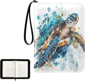 Painting Watercolor Sea Turtle Card Binder 4 Pocket, Trading Card Holder Fits 400 Game Cards with 50 Removable Sleeves, MTG Card Case Standard Size
