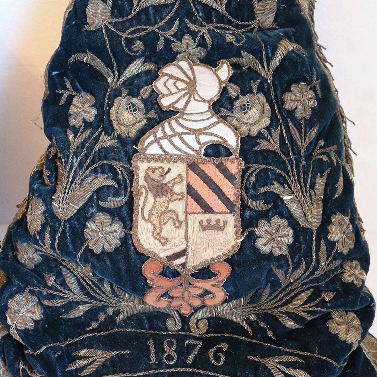 Pair of French Blue Velvet Horse and Knight Metallic Thread Upholstered Trapezoid Throw Pillows