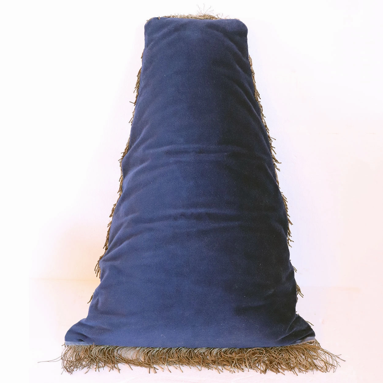 Pair of French Blue Velvet Horse and Knight Metallic Thread Upholstered Trapezoid Throw Pillows