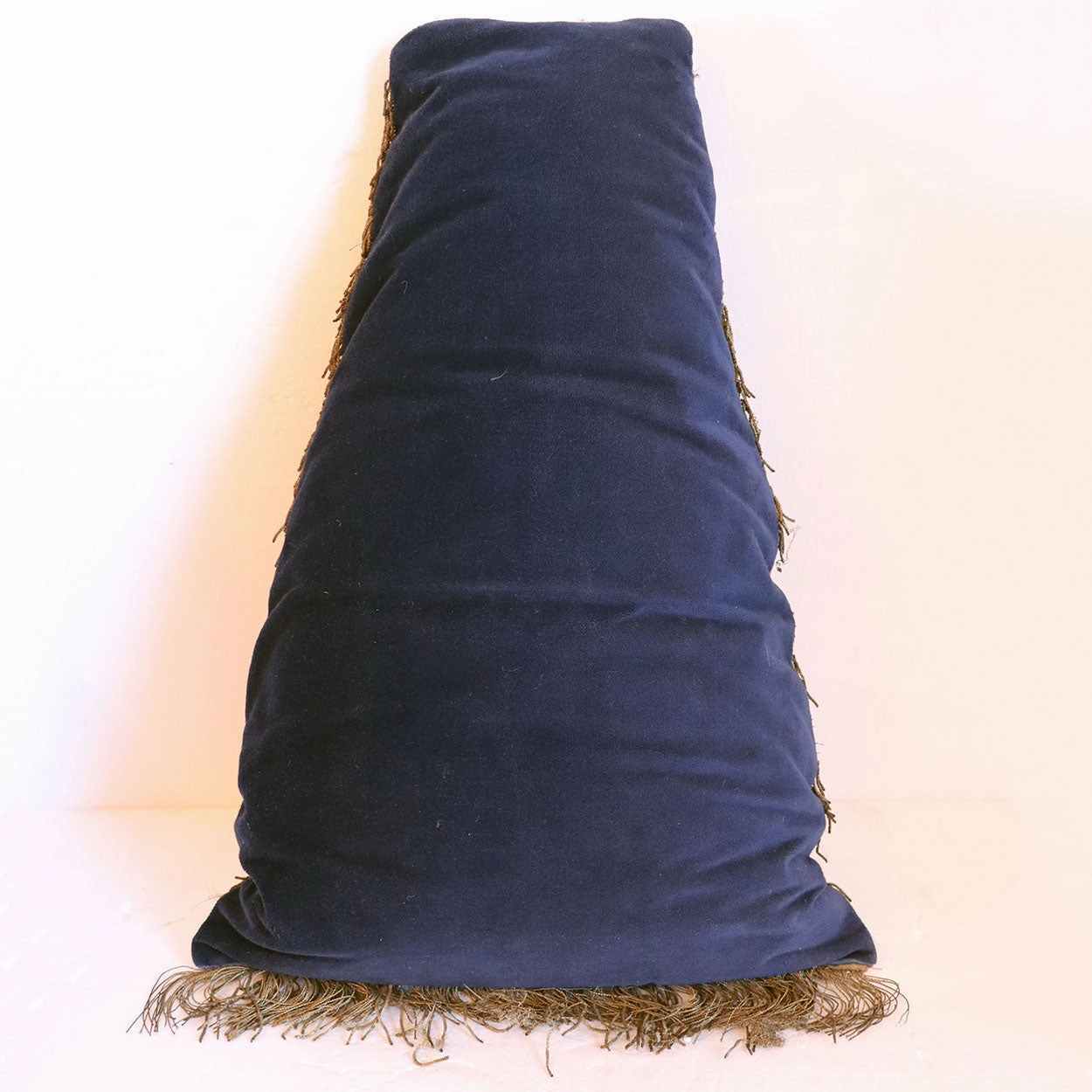 Pair of French Blue Velvet Horse and Knight Metallic Thread Upholstered Trapezoid Throw Pillows