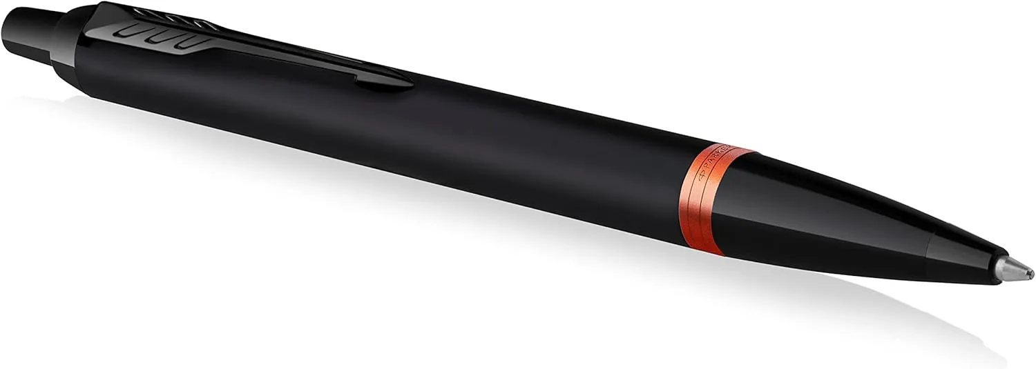 Parker IM Vibrant Rings Ballpoint Pen, Satin Black Lacquer with Flame Orange Accents, Medium Point with Blue Ink Refill, Gift Box