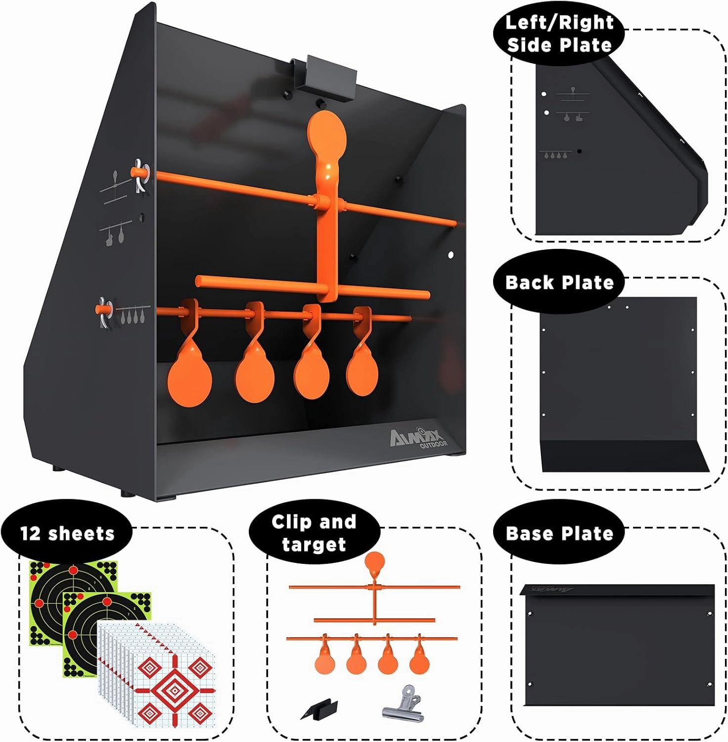 Pellet Gun Target Trap with Center Shot - 12pcs Paper Targets and 4 Resetting Metal Shooting Targets for Airgun, Rifle, Rimfire, Perfect for Backyard, Outdoor, Indoor Shooting Practice