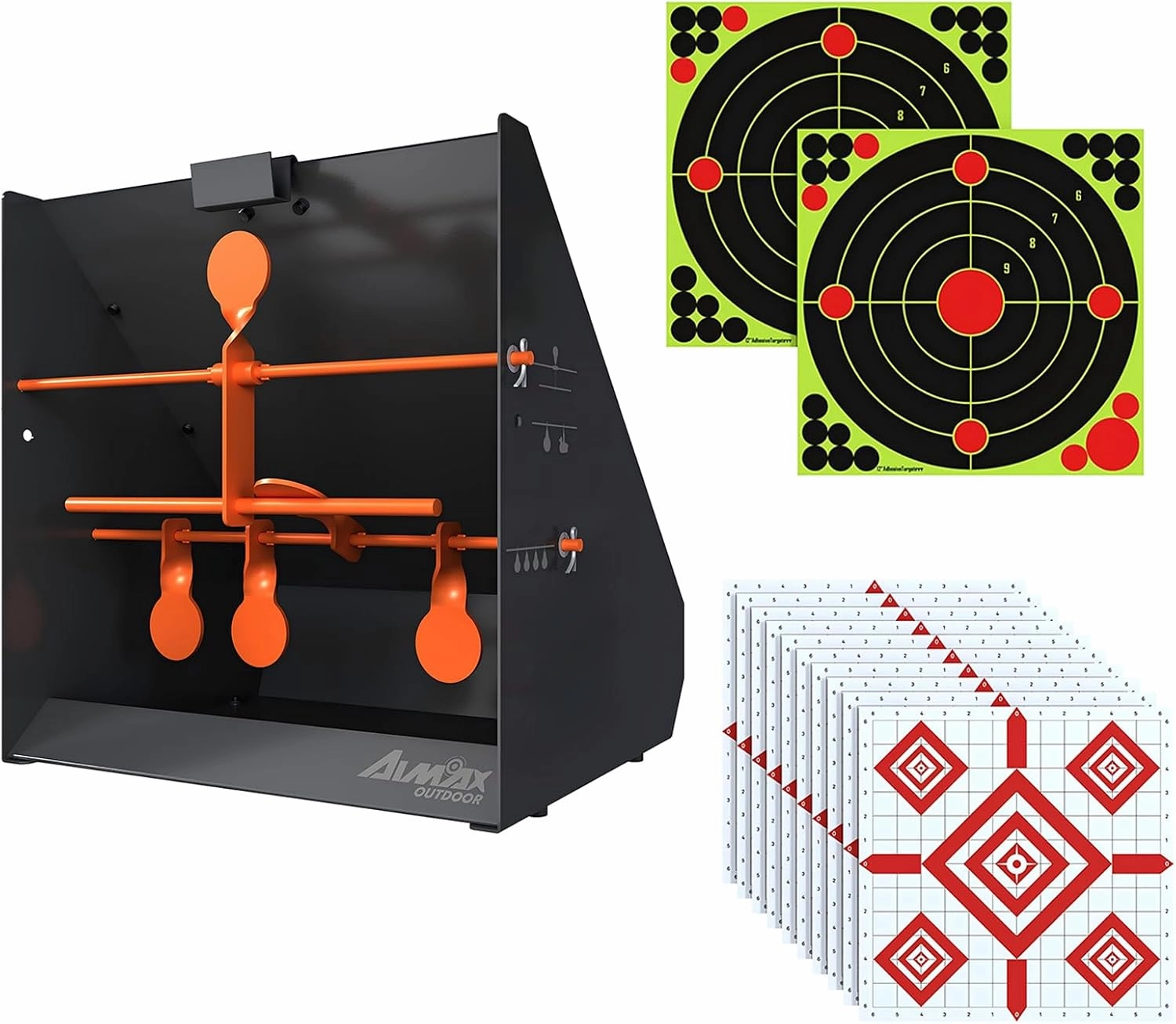 Pellet Gun Target Trap with Center Shot - 12pcs Paper Targets and 4 Resetting Metal Shooting Targets for Airgun, Rifle, Rimfire, Perfect for Backyard, Outdoor, Indoor Shooting Practice