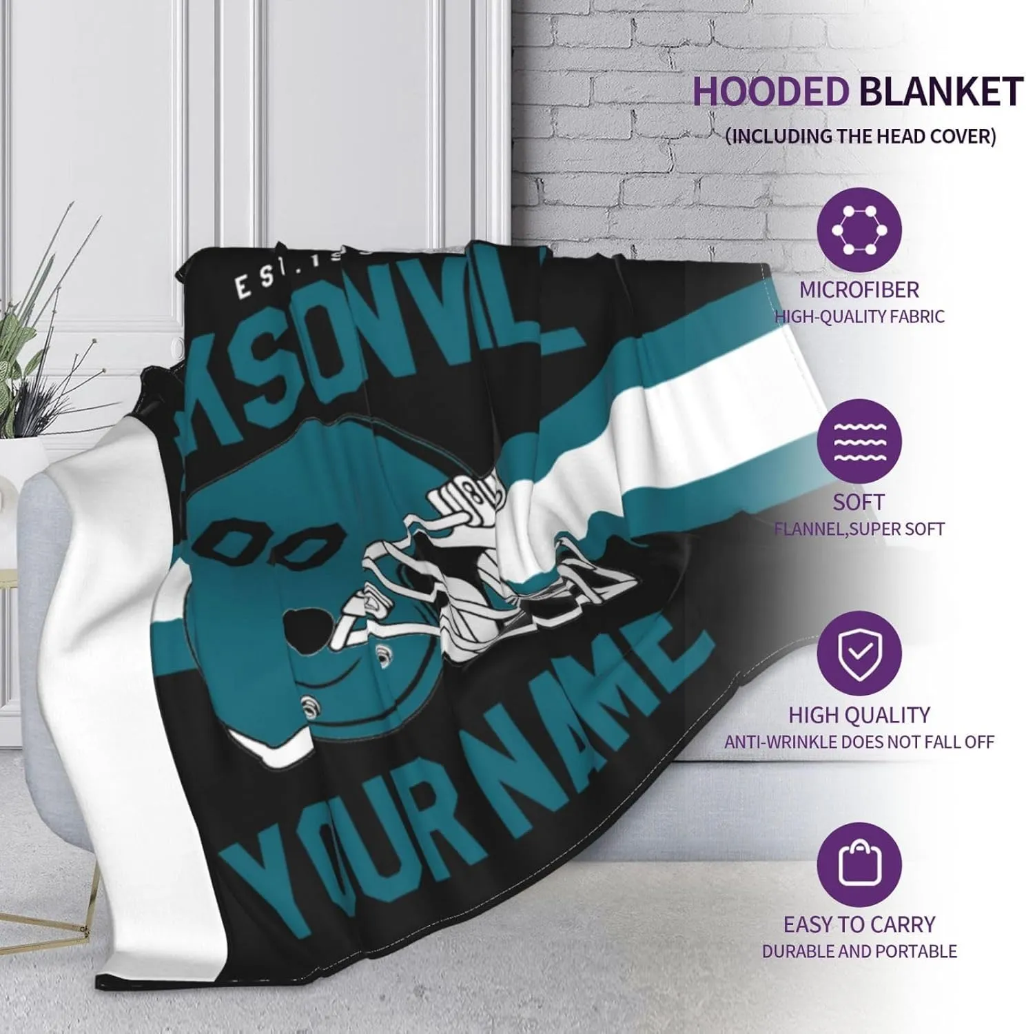 Personalized City Throw Blanket for Football Fans-Custom Name Number Hooded Blankets-Sports Wearable Blankets Ideal for Football Players&Fans