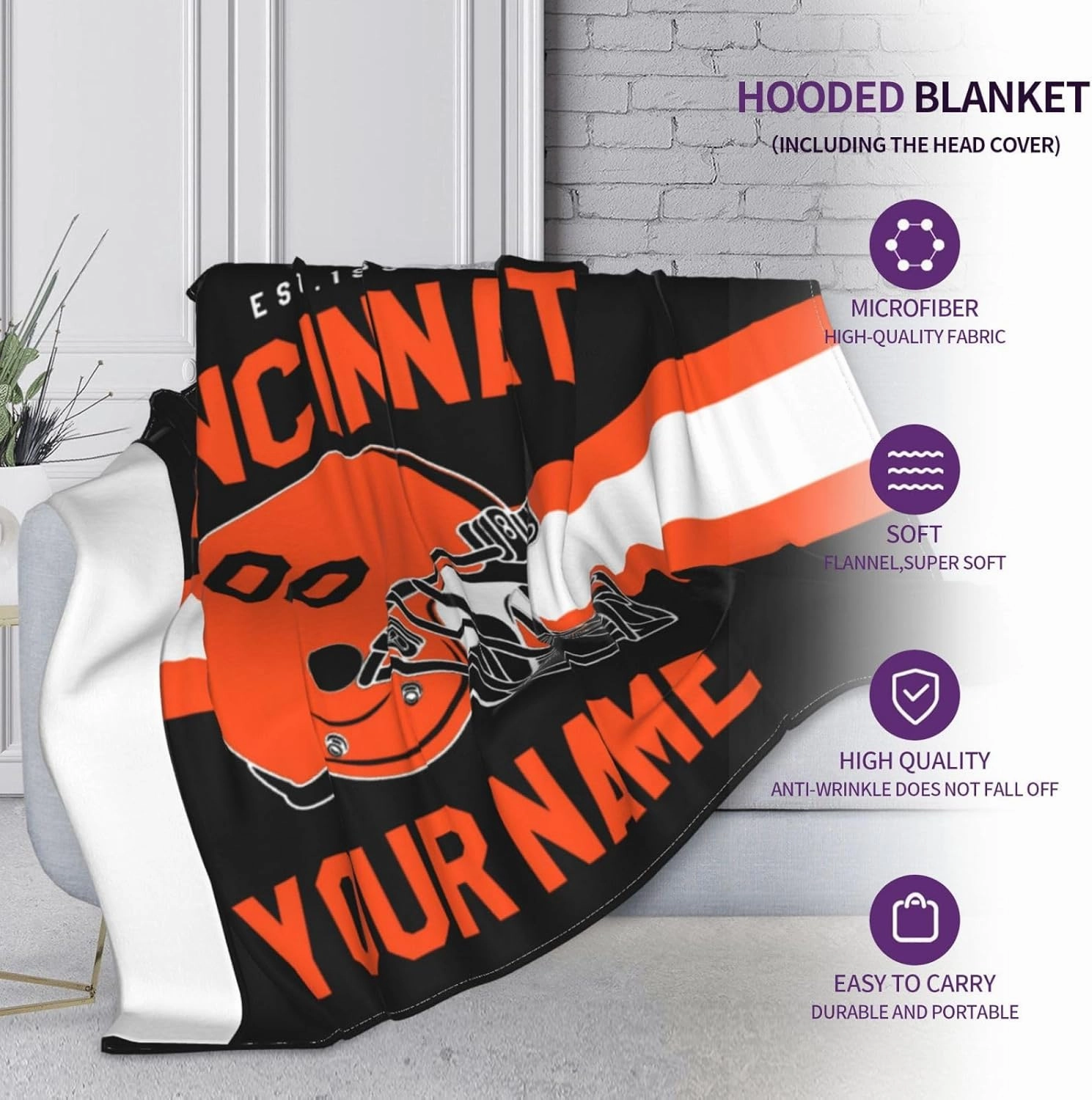 Personalized City Throw Blanket for Football Fans-Custom Name Number Hooded Blankets-Sports Wearable Blankets Ideal for Football Players&Fans