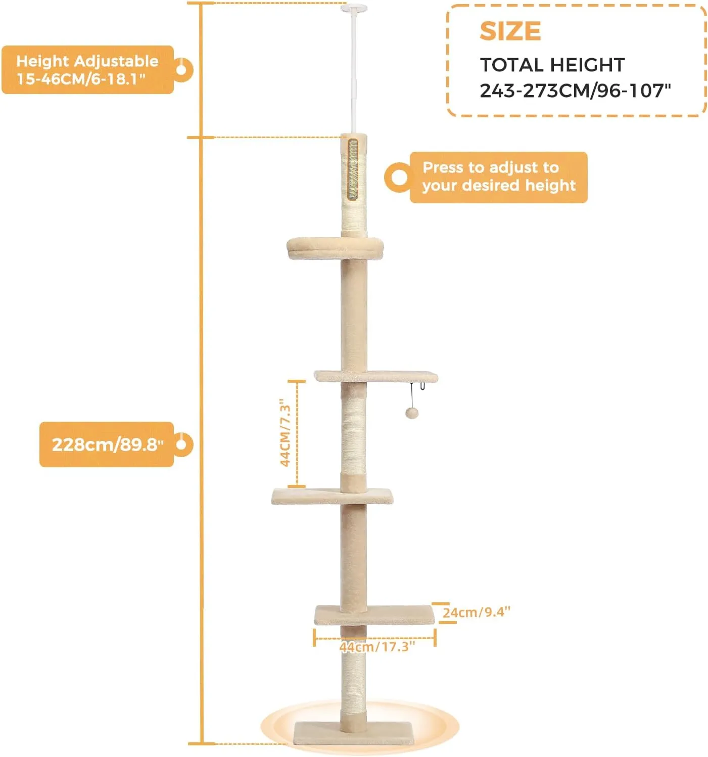 PETEPELA Floor to Ceiling Cat Tree, Cat Tower 5-Tier Height(95-107 Inches) Adjustable, Tall Cat Climbing Tree Featuring with Scratching Post, Cozy Bed,Interactive Ball Toy for Indoor Cats/Kitten Beige