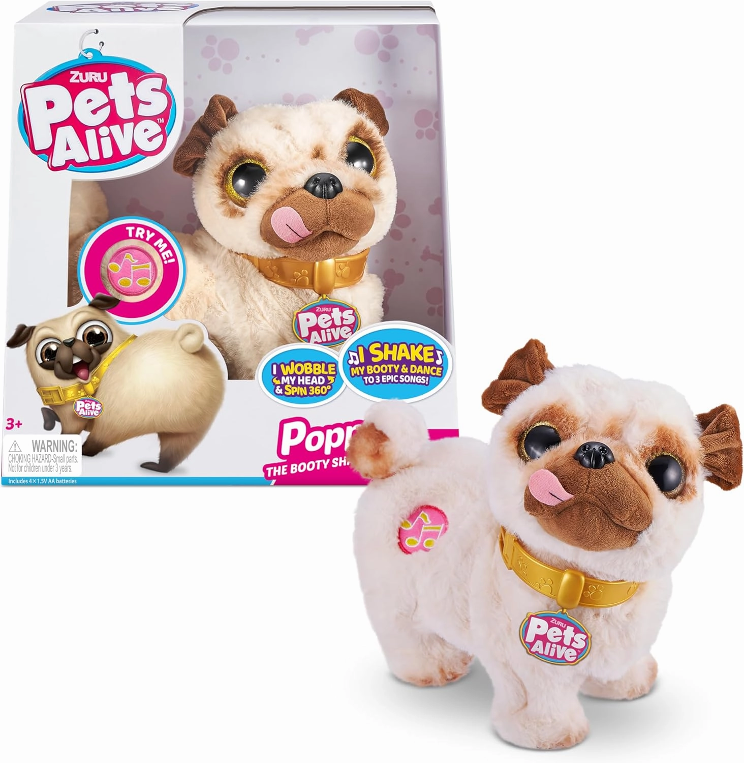 Pets Alive Poppy The Booty Shakin’ Pug – Interactive Dancing Plush Puppy by ZURU Robotic Realistic Soft Dog Stuffed Animal Toy for Kids, Girls