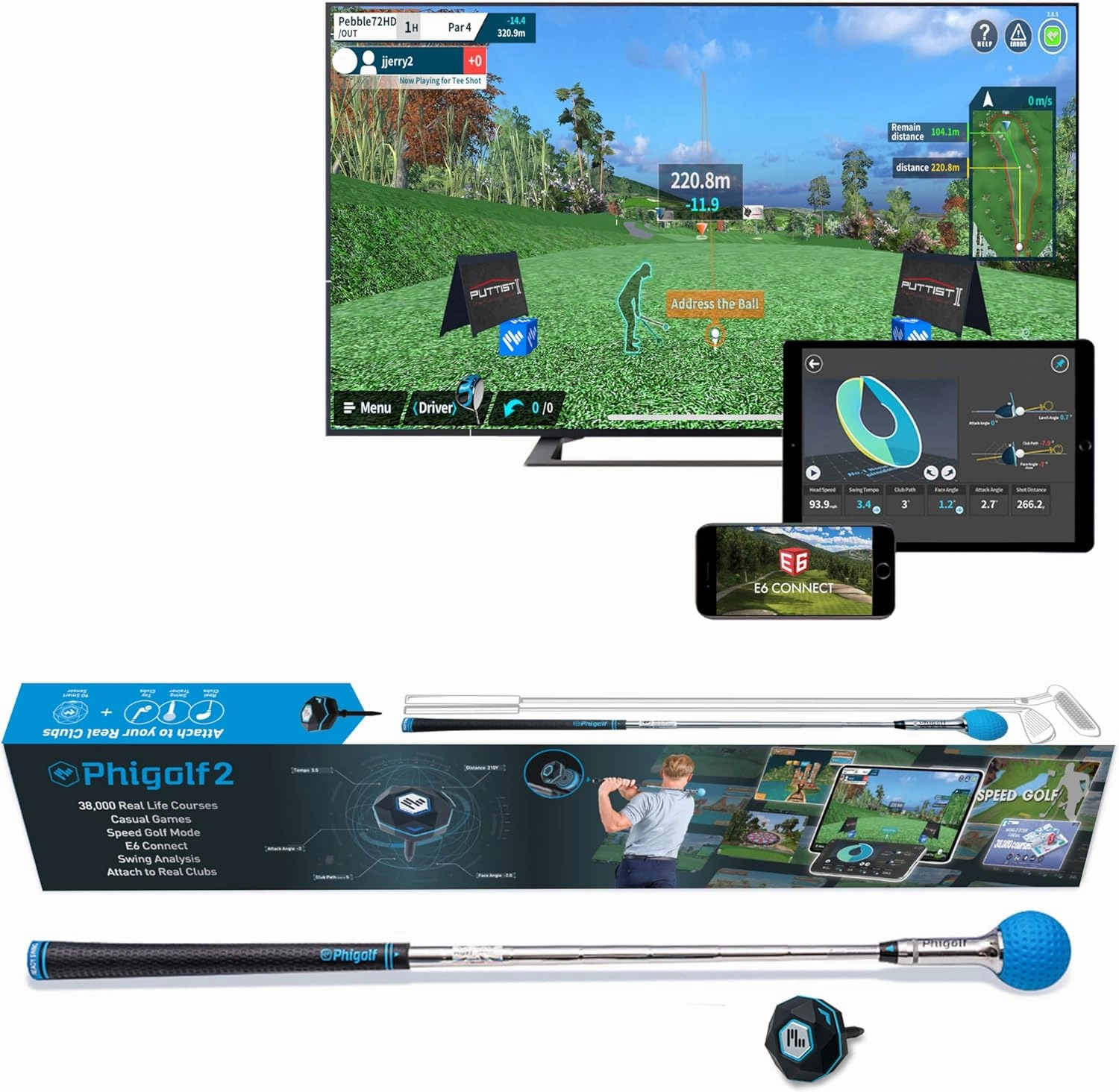 PHIGOLF Home Golf Game Simulator: Enjoy Interactive Golf with Motion Sensor & Swing Stick for Indoor & Outdoor Fun – 38,000  Courses Worldwide, Compatible with Android, iOS, App & E6 Connect