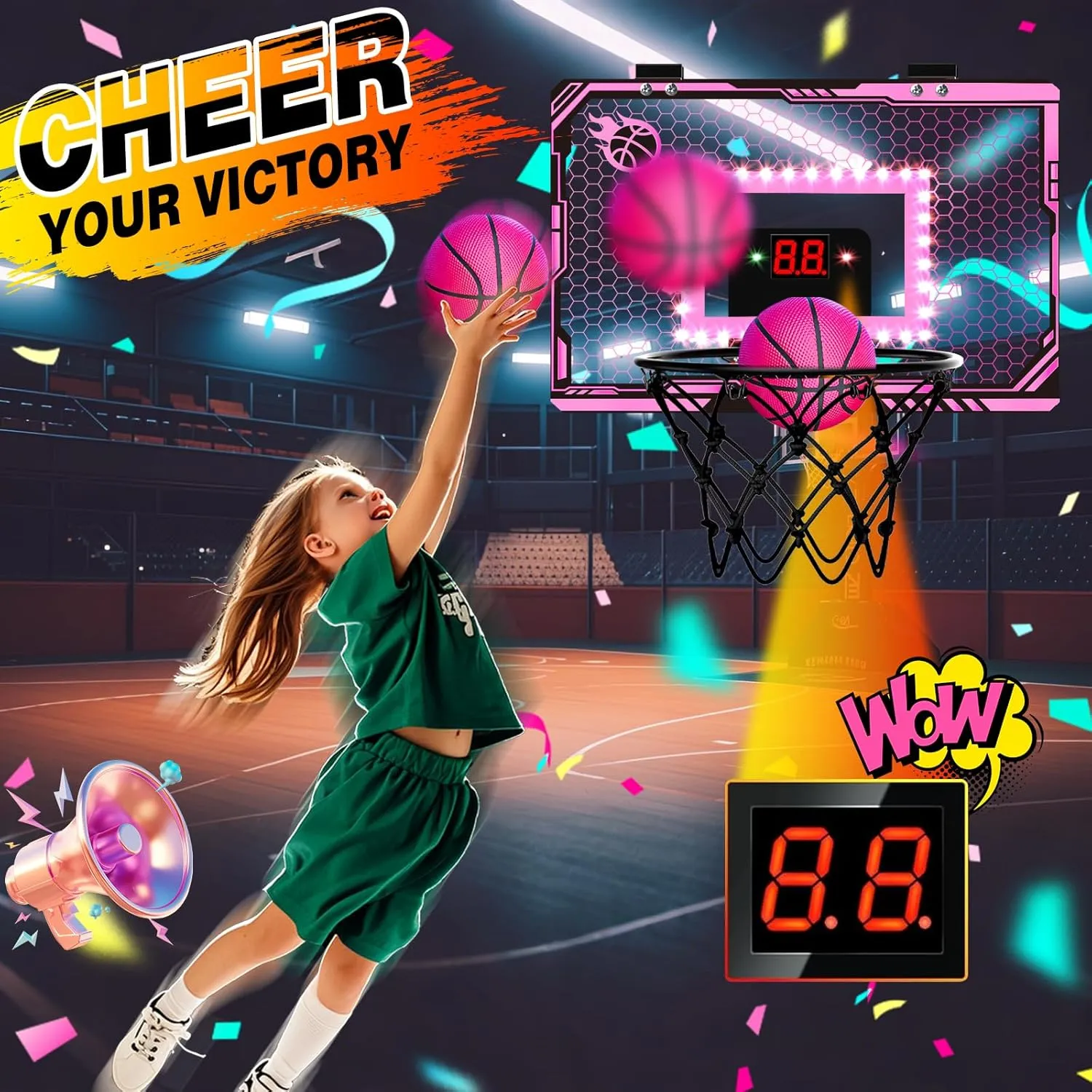 Pink Mini Kids Basketball Hoop Indoor, Pink, Birthday Gifts for Kids, Over The Door Basketball Hoops with 3 Balls, Led Light Electronic Scoreboard, Boys Toys Age 5 6 7 8 9 10 11 12  Year Old