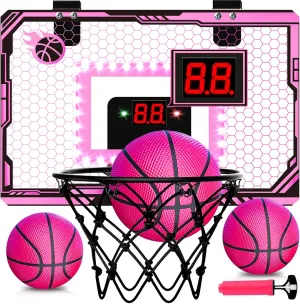 Pink Mini Kids Basketball Hoop Indoor, Pink, Birthday Gifts for Kids, Over The Door Basketball Hoops with 3 Balls, Led Light Electronic Scoreboard, Boys Toys Age 5 6 7 8 9 10 11 12  Year Old