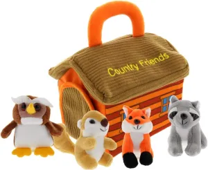 Plush Woodland Animals with Country House Carrier for Kids- 5pc- Talking Animal Interactive Toy Set- Stuffed Owl, Raccoon, Fox & Squirrel- Great Baby Shower Present for Boys & Girls by Etna