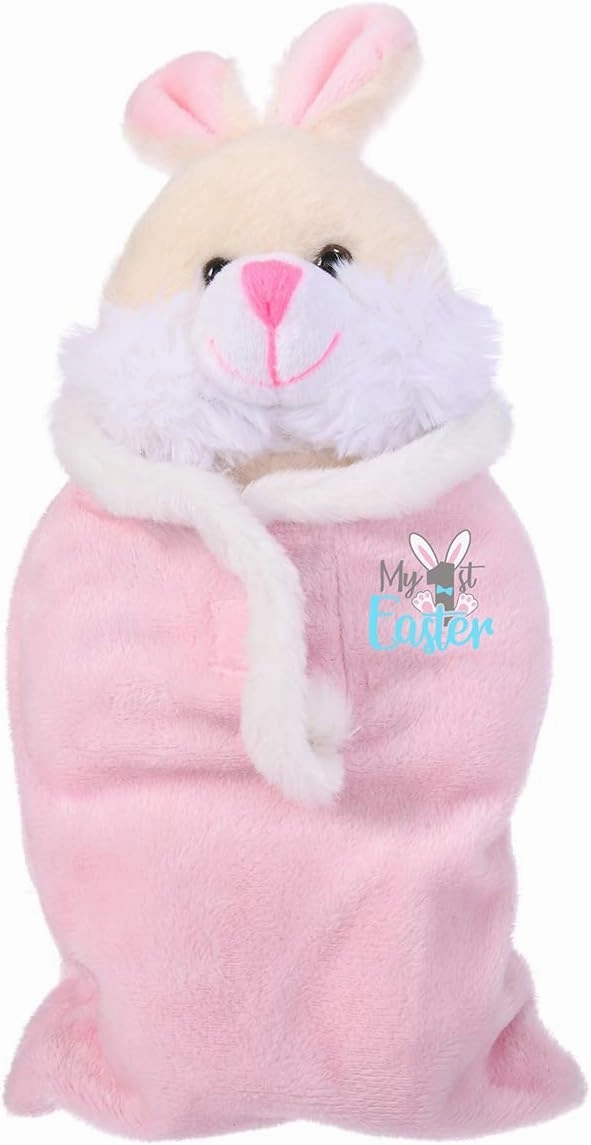 Plushland Easter Bunny Stuffed Animal Sleep Bag Easter Boy Girl Soft Lovely Realistic Sitting Plush Toys Personalized Gift - Custom Text on Bag 12 Inches (Pink)