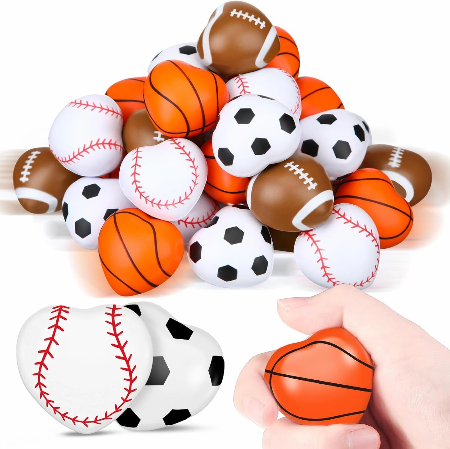 Poen 36 Pcs End of Year Gifts for Students Sports Stress Balls Bulk End of Year Balls Gifts Basketball Football Baseball Soccer Heart Stress Relief Toys for Kids Adults School Classroom