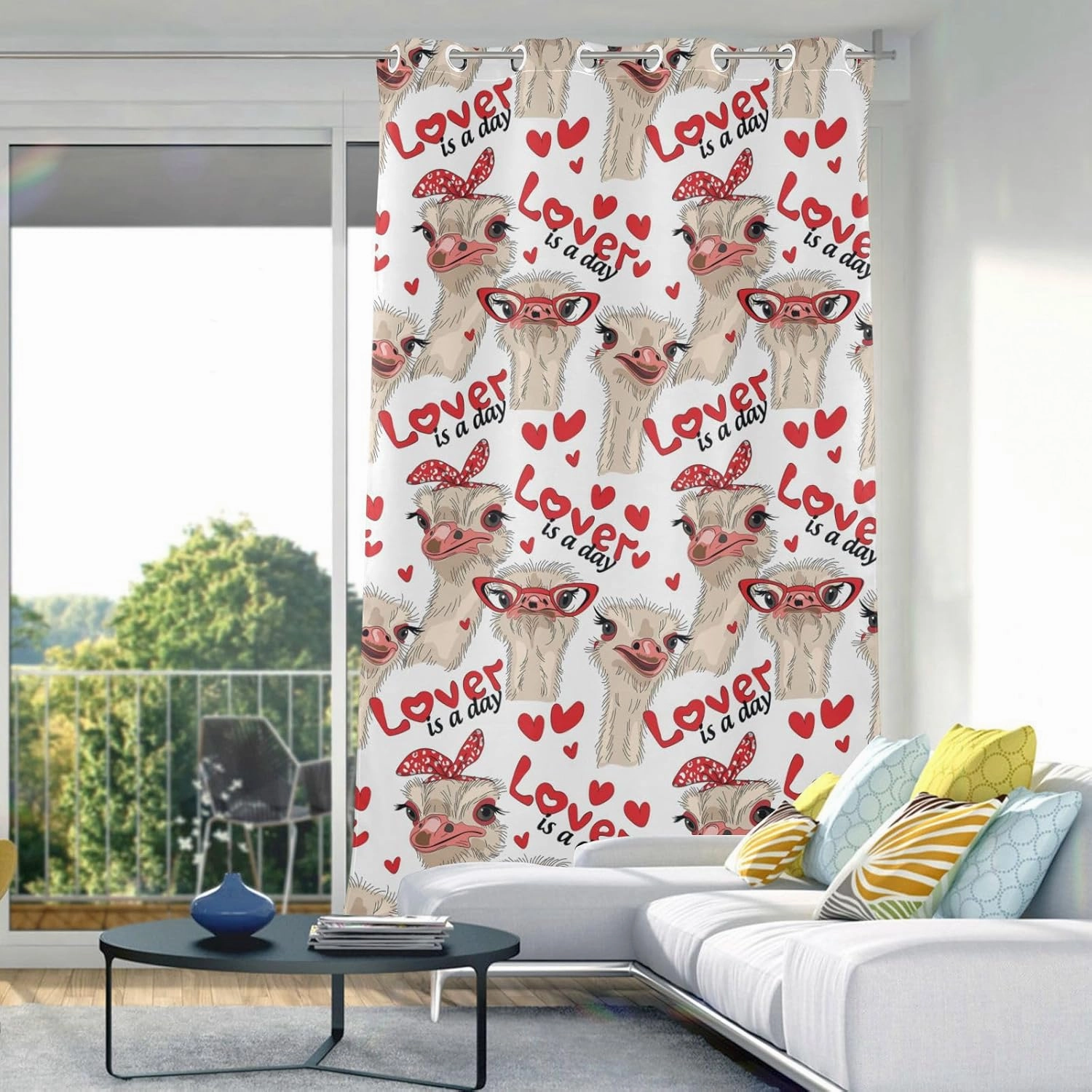 Poeticcity 1 PC Window Curtain Panels, Polyester Curtain Thermal Perforated Insulated & Strong Blocking Panels 85% Blackout Drapes 84x42 in Seamless Ostriches with Red Glasses Hairpins Lover is a Day