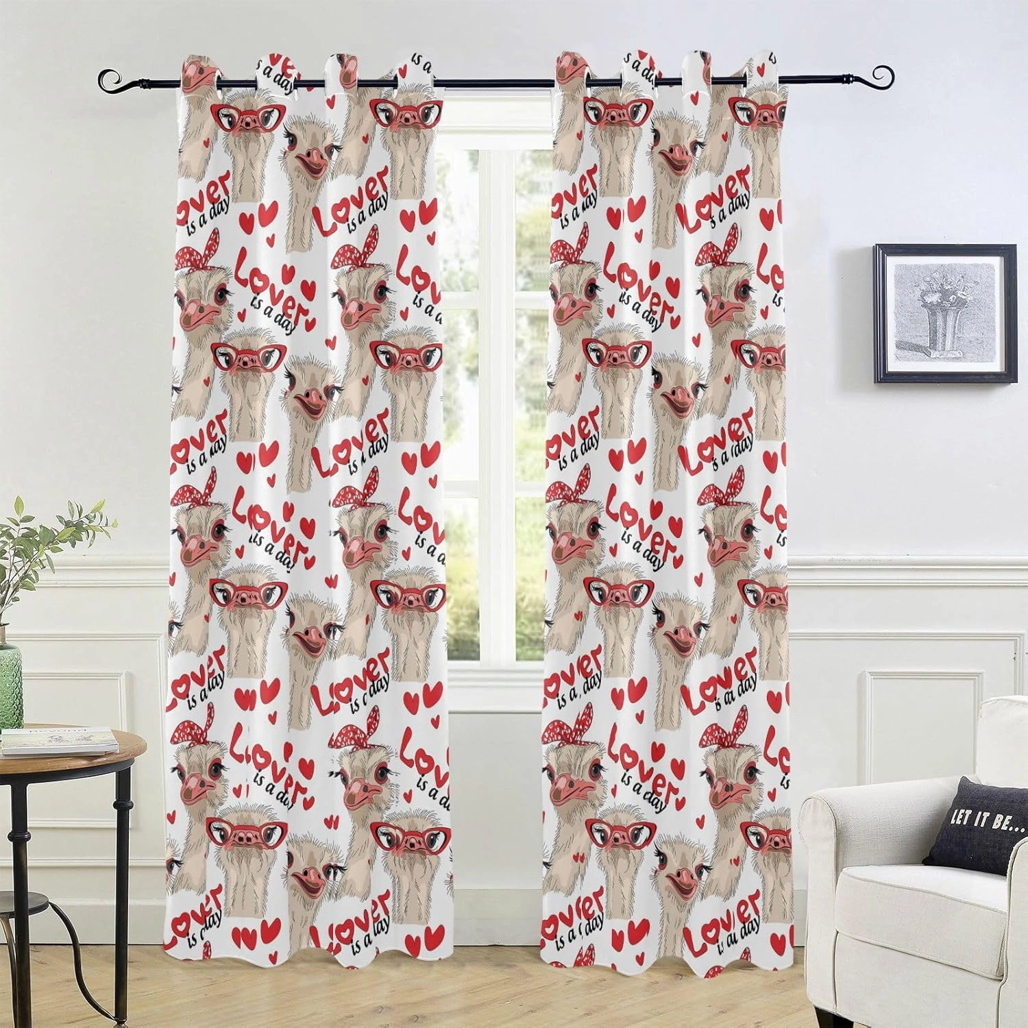 Poeticcity 1 PC Window Curtain Panels, Polyester Curtain Thermal Perforated Insulated & Strong Blocking Panels 85% Blackout Drapes 84x42 in Seamless Ostriches with Red Glasses Hairpins Lover is a Day