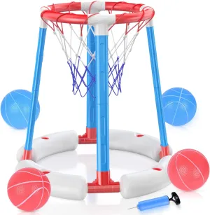 Pool Basketball Hoop with 4 Balls and Pump, Floating Pool Toy Ages 3 , Outdoor Toys for Swimming Pool Basketball Games, Water Summer Toy for Kids Adults Family Party
