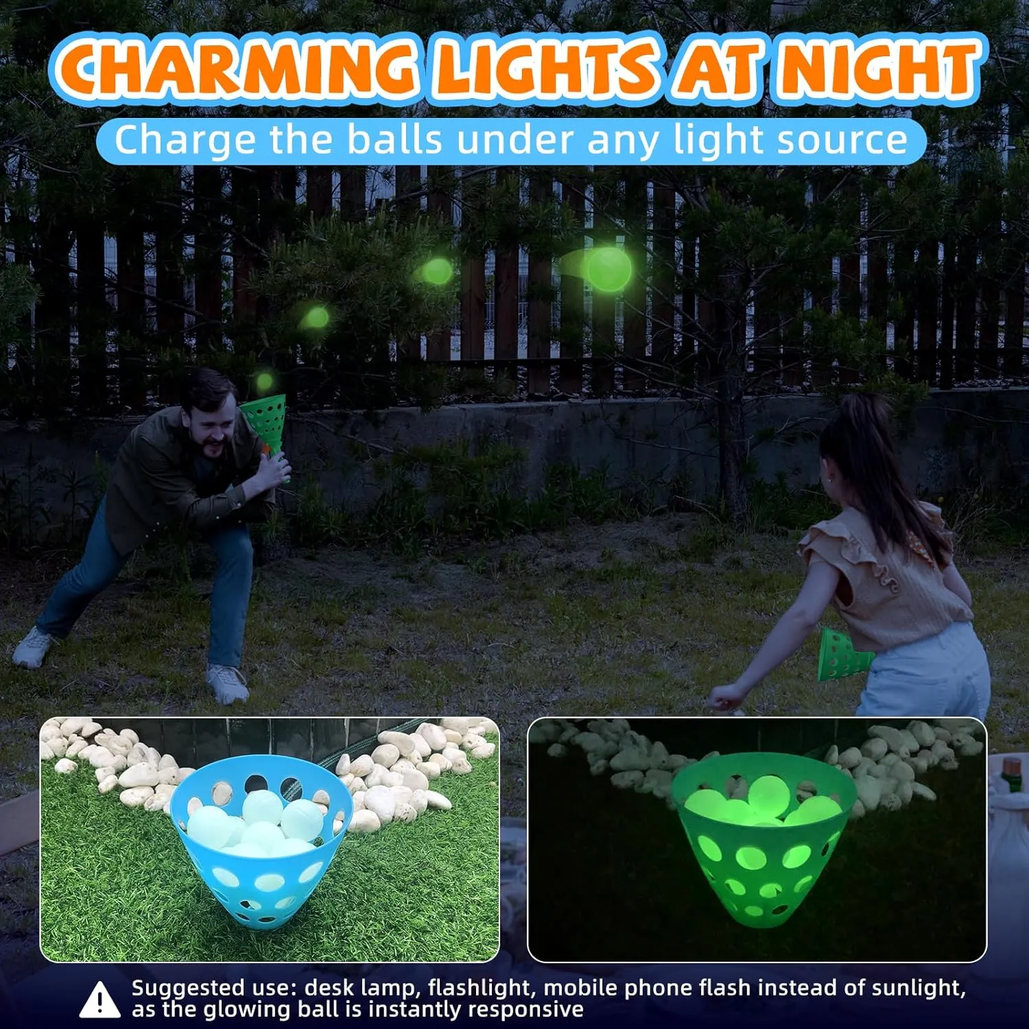 Pop and Catch Ball Game with 15 Ping Pong Balls, 5 Glow Balls and 6 Catch Launcher Baskets - Outdoor Indoor Game, Christmas Easter Party Favors Gifts Toys for Kids and Adults