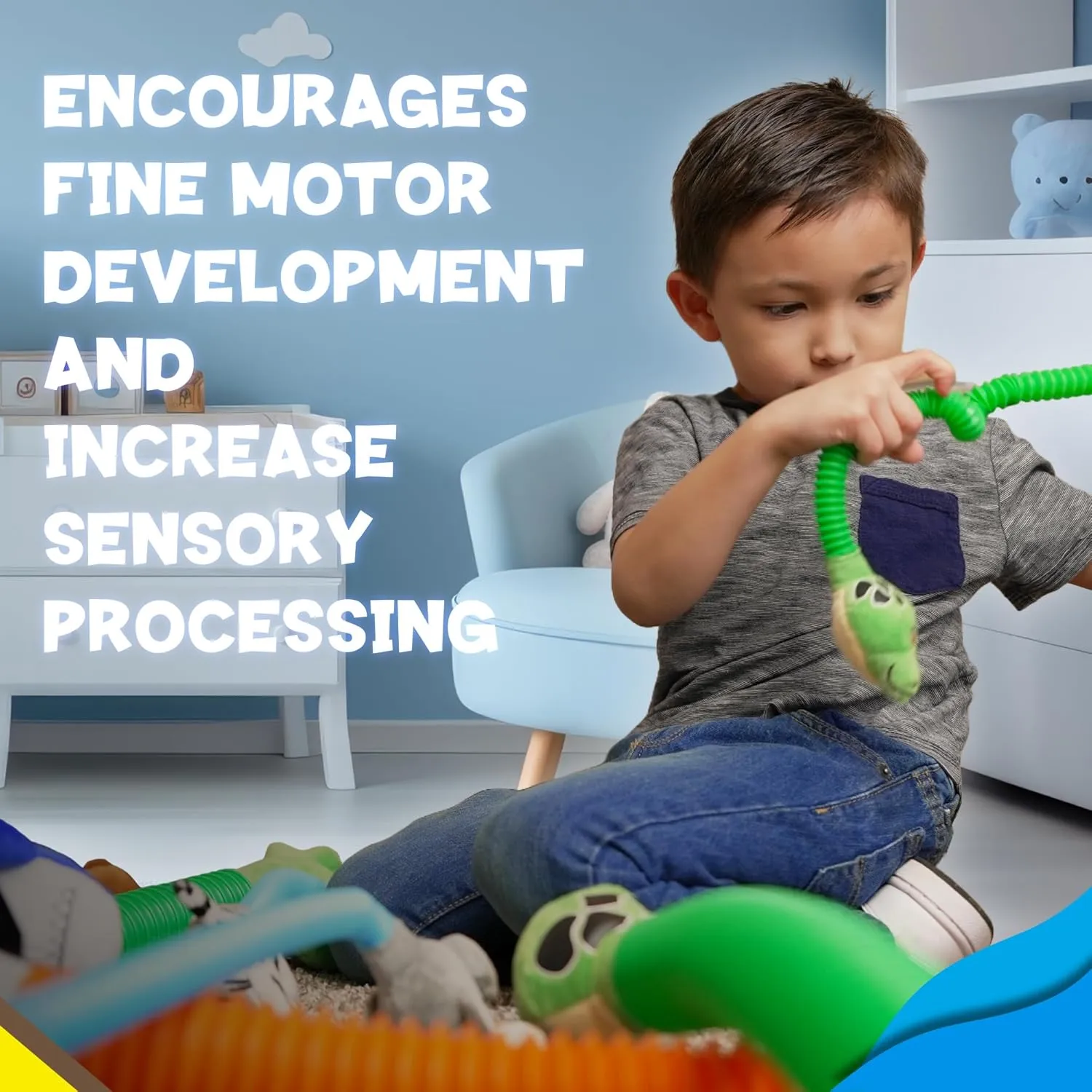POP Tube TOOBIMALS, Physical Therapy/Occupational Therapy Toys, Sensory Plushies, Explore Your Imagination, des in The USA (Large 2 PK - Shark, Snake, 16" to 32" Expansion!)