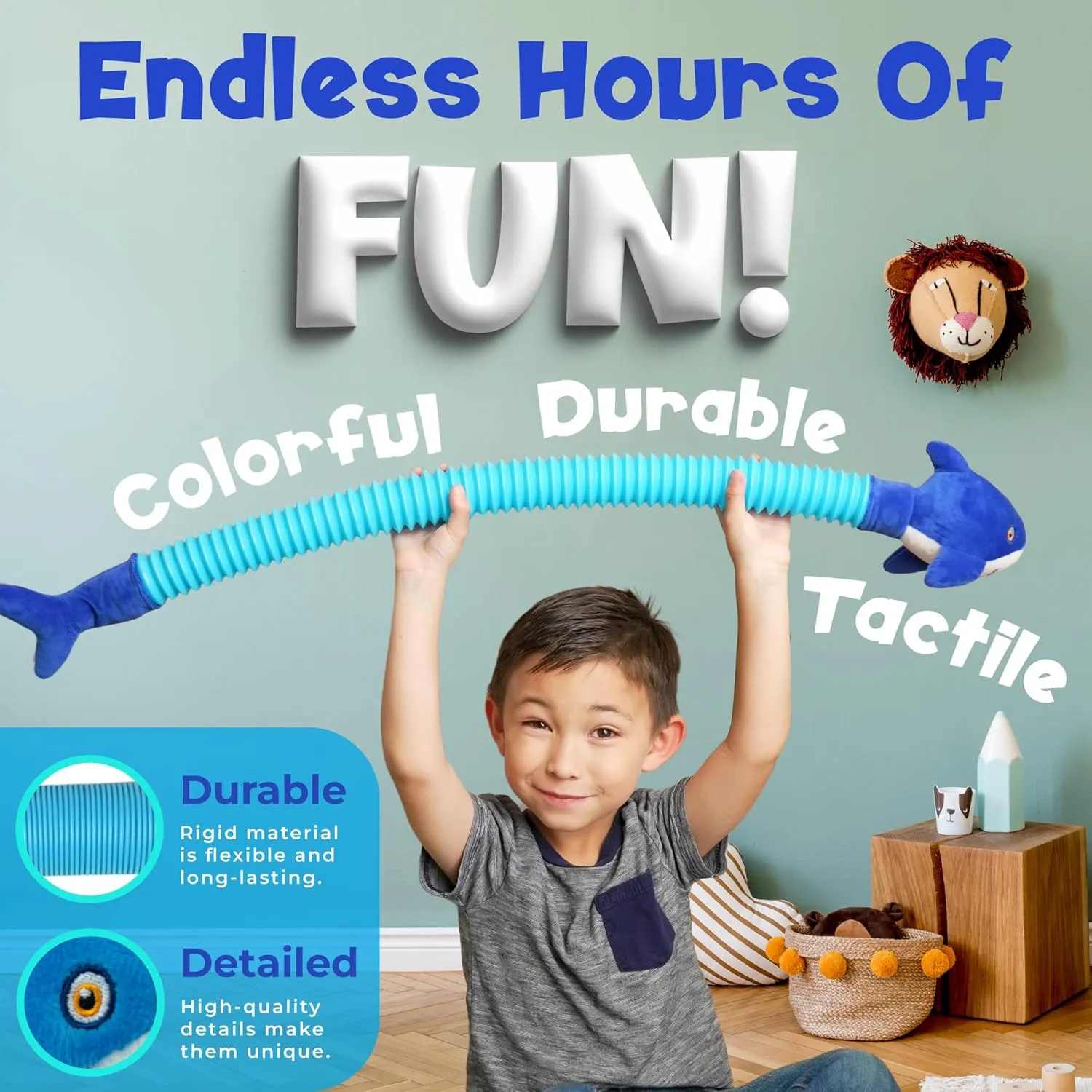 POP Tube TOOBIMALS, Physical Therapy/Occupational Therapy Toys, Sensory Plushies, Explore Your Imagination, des in The USA (Large 2 PK - Shark, Snake, 16" to 32" Expansion!)