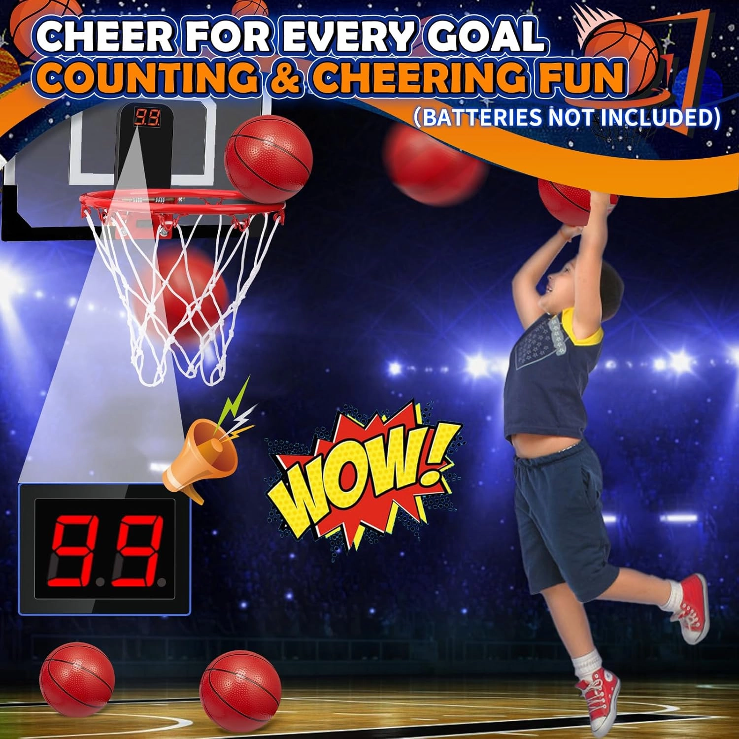 Pro Indoor Mini Basketball Hoop Set Gift for Kids Adults, Over Door Automatic Scoring Basketball Hoop with 4 Rubber 6" Balls, Wall Mount Basketball Hoop with Electronic Scoreboard 9 Inch Dunk Rim