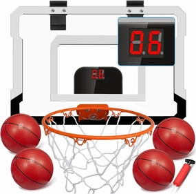 Pro Indoor Mini Basketball Hoop Set Gift for Kids Adults, Over Door Automatic Scoring Basketball Hoop with 4 Rubber 6" Balls, Wall Mount Basketball Hoop with Electronic Scoreboard 9 Inch Dunk Rim