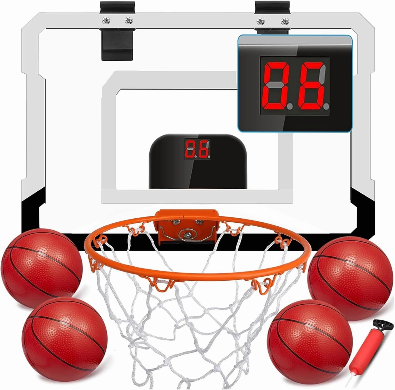 Pro Indoor Mini Basketball Hoop Set Gift for Kids Adults, Over Door Automatic Scoring Basketball Hoop with 4 Rubber 6" Balls, Wall Mount Basketball Hoop with Electronic Scoreboard 9 Inch Dunk Rim