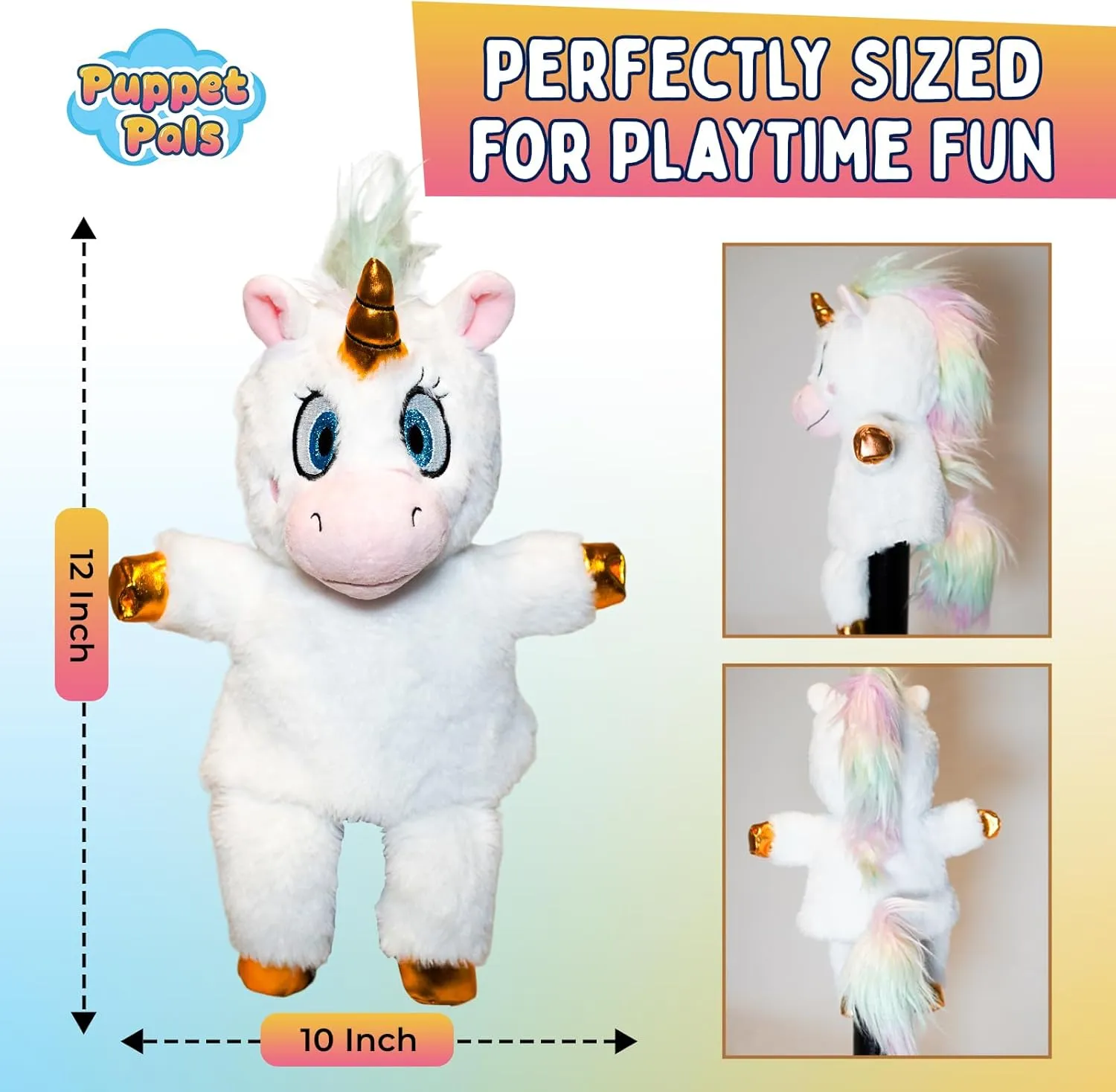 Puppet Pals 12” Plush Rainbow Unicorn Hand Puppet – Soft and Interactive Puppet Toy for Kids and Adults