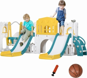 Qaba 8 in 1 Toddler Slide and Swing Set with 2 Slides, Baby Slide for Ages 1-3 with Basketball Hoop, Climber, Aisle, Steering Wheel, Storage Space, Telescope, Indoor Playground, Yellow