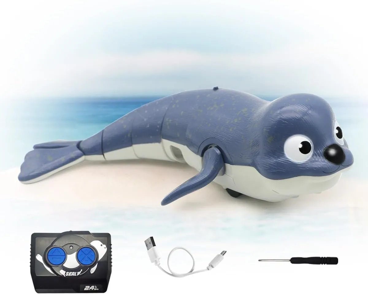 QUN XING Amphibious RC Toy Seal - 2.4Ghz Waterproof Swimming & Crawling Robot for Kids, Rechargeable Pool & Land Toy with USB-C, Perfect Summer Gift for Ages 3-12 Blue