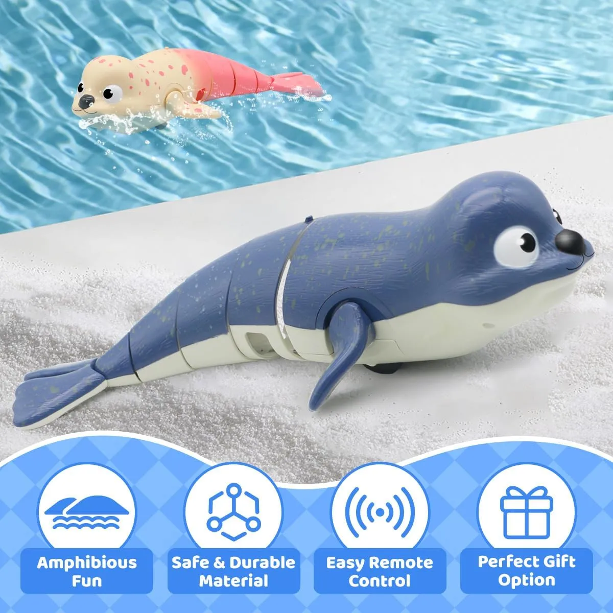 QUN XING Amphibious RC Toy Seal - 2.4Ghz Waterproof Swimming & Crawling Robot for Kids, Rechargeable Pool & Land Toy with USB-C, Perfect Summer Gift for Ages 3-12 Blue