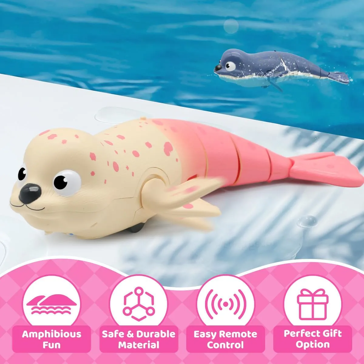 QUN XING Amphibious Remote Control Seal - 2.4Ghz Rechargeable Pool & Land Toy for Kids Ages 3-12, Waterproof Swimming & Crawling Robot with USB-C Charging,Cute Bath Toy for Toddlers & Boys Girls Pink