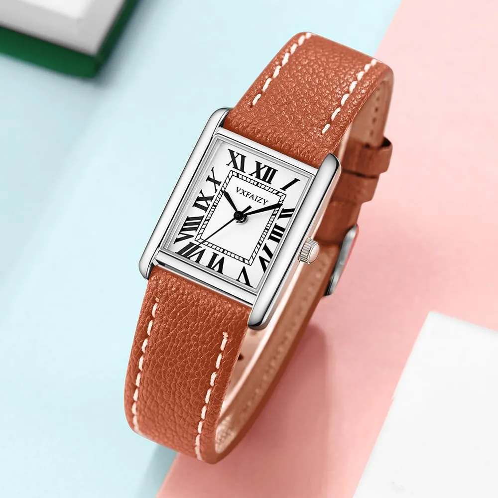Rectangular Watch for Women with Vintage Roman Number and Leather Strap