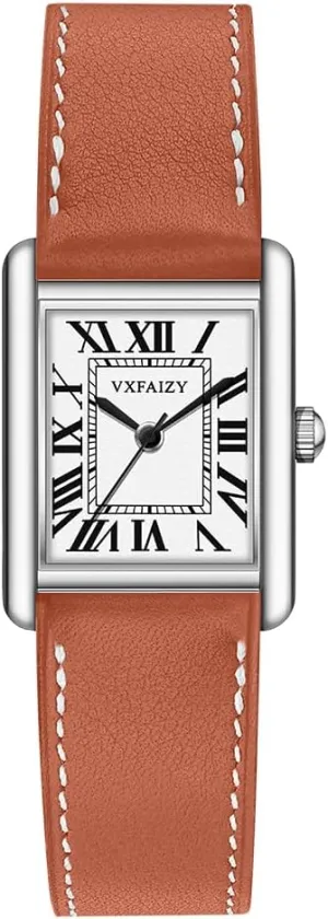 Rectangular Watch for Women with Vintage Roman Number and Leather Strap